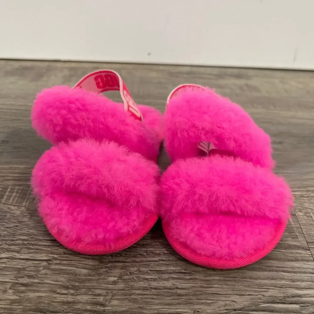 NEW‎ UGG Fluff Yeah Slingback Slide Slippers Girls Size 8 Hot Pink Sheepskin